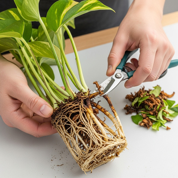 Cây trầu bà bị héo: Nguyên nhân và cách khắc phục hiệu quả 3 Cắt rễ thôi cho cây trầu bà